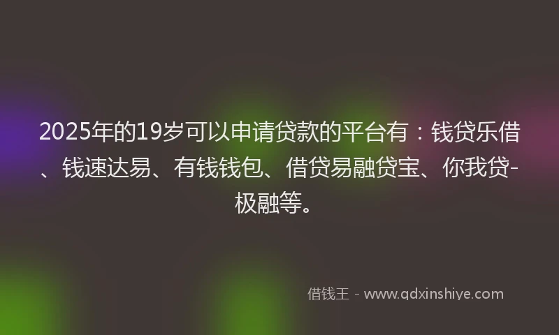 2025年的19岁可以申请贷款的平台有：钱贷乐借、钱速达易、有钱钱包、借贷易融贷宝、你我贷-极融等。