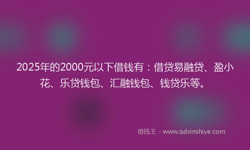 2025年的2000元以下借钱有：借贷易融贷、盈小花、乐贷钱包、汇融钱包、钱贷乐等。