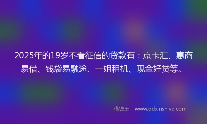 2025年的19岁不看征信的贷款有：京卡汇、惠商易借、钱袋易融途、一姐租机、现金好贷等。