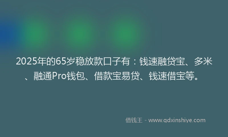 2025年的65岁稳放款口子有：钱速融贷宝、多米、融通Pro钱包、借款宝易贷、钱速借宝等。
