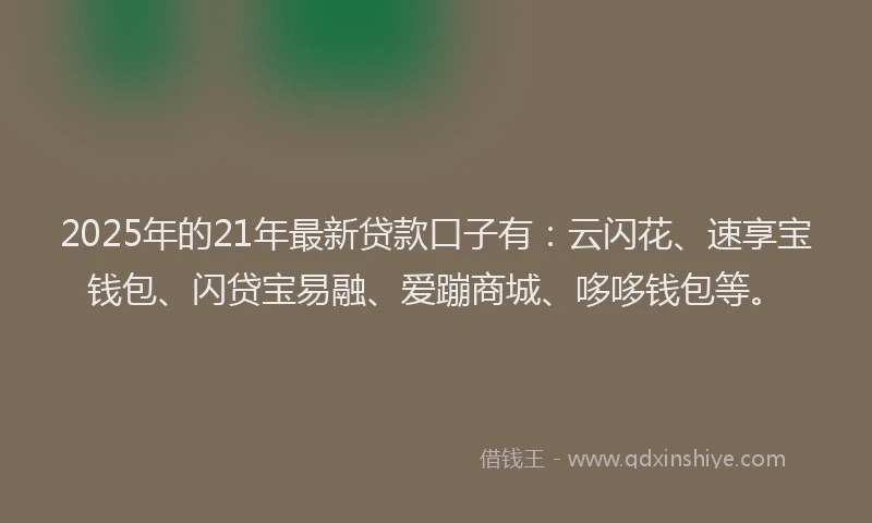 2025年的21年最新贷款口子有：云闪花、速享宝钱包、闪贷宝易融、爱蹦商城、哆哆钱包等。
