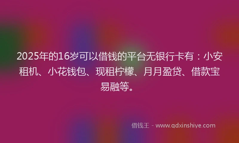 2025年的16岁可以借钱的平台无银行卡有：小安租机、小花钱包、现租柠檬、月月盈贷、借款宝易融等。