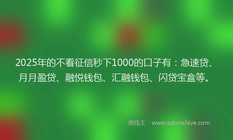 2025年的不看征信秒下1000的口子有：急速贷、月月盈贷、融悦钱包、汇融钱包、闪贷宝盒等。