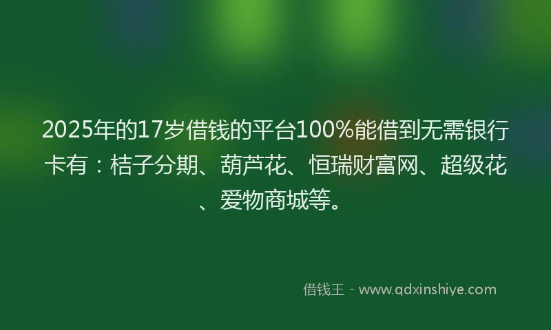 2025年的17岁借钱的平台100%能借到无需银行卡有：桔子分期、葫芦花、恒瑞财富网、超级花、爱物商城等。