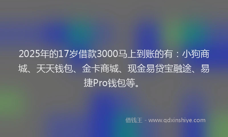 2025年的17岁借款3000马上到账的有：小狗商城、天天钱包、金卡商城、现金易贷宝融途、易捷Pro钱包等。