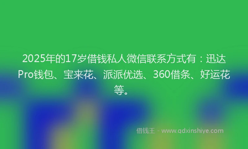 2025年的17岁借钱私人微信联系方式有：迅达Pro钱包、宝来花、派派优选、360借条、好运花等。