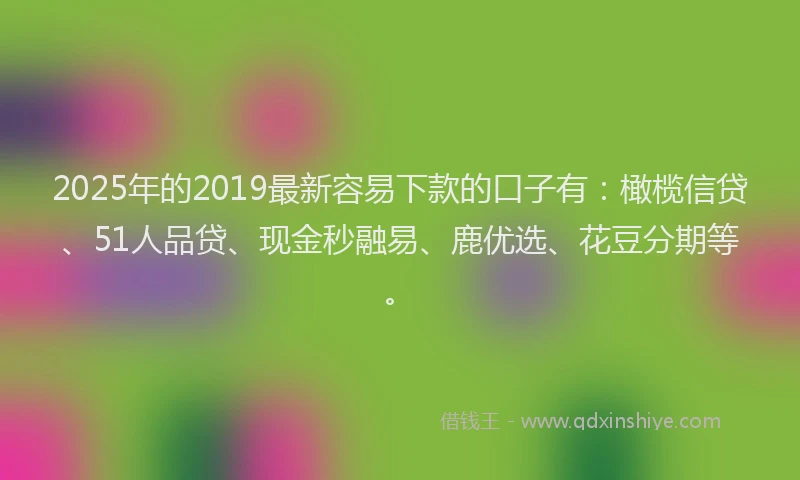 2025年的2019最新容易下款的口子有：橄榄信贷、51人品贷、现金秒融易、鹿优选、花豆分期等。