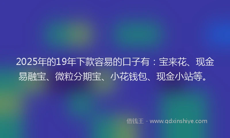 2025年的19年下款容易的口子有：宝来花、现金易融宝、微粒分期宝、小花钱包、现金小站等。