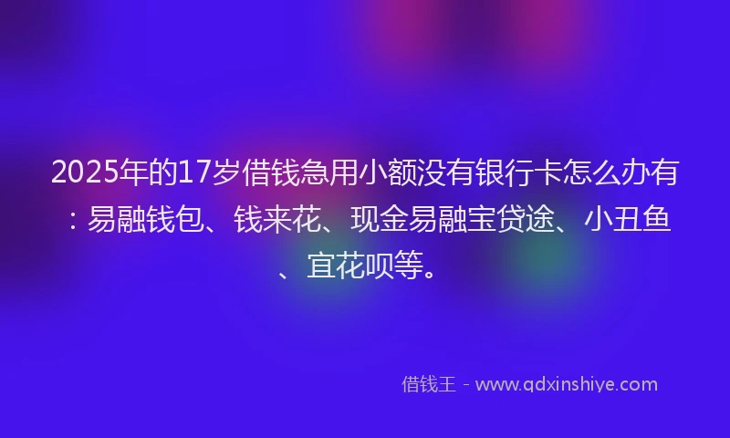 2025年的17岁借钱急用小额没有银行卡怎么办有：易融钱包、钱来花、现金易融宝贷途、小丑鱼、宜花呗等。
