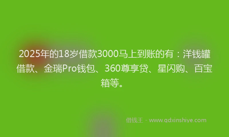 2025年的18岁借款3000马上到账的有：洋钱罐借款、金瑞Pro钱包、360尊享贷、星闪购、百宝箱等。