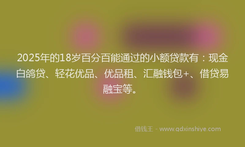 2025年的18岁百分百能通过的小额贷款有：现金白鸽贷、轻花优品、优品租、汇融钱包+、借贷易融宝等。