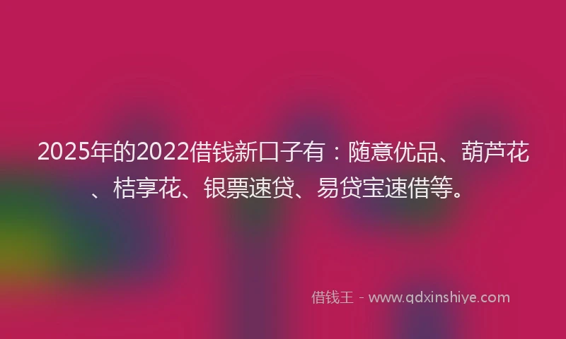 2025年的2022借钱新口子有：随意优品、葫芦花、桔享花、银票速贷、易贷宝速借等。