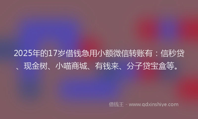 2025年的17岁借钱急用小额微信转账有：信秒贷、现金树、小喵商城、有钱来、分子贷宝盒等。