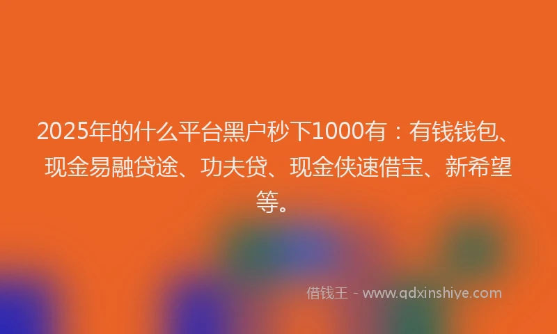 2025年的什么平台黑户秒下1000有：有钱钱包、现金易融贷途、功夫贷、现金侠速借宝、新希望等。