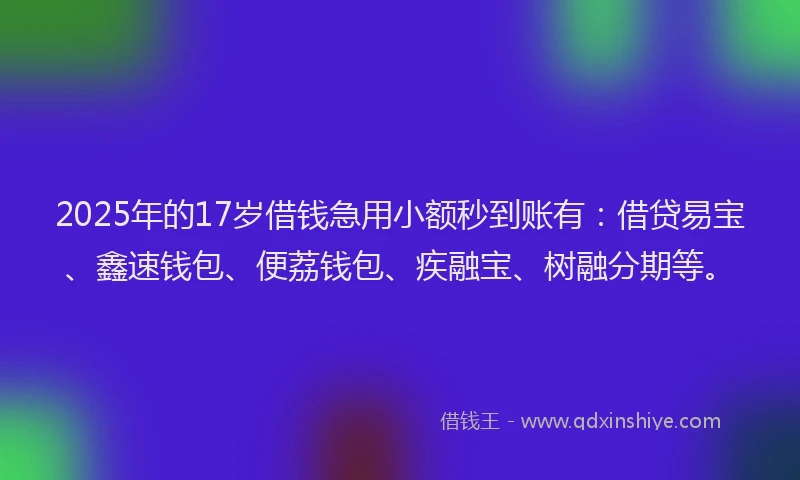2025年的17岁借钱急用小额秒到账有：借贷易宝、鑫速钱包、便荔钱包、疾融宝、树融分期等。