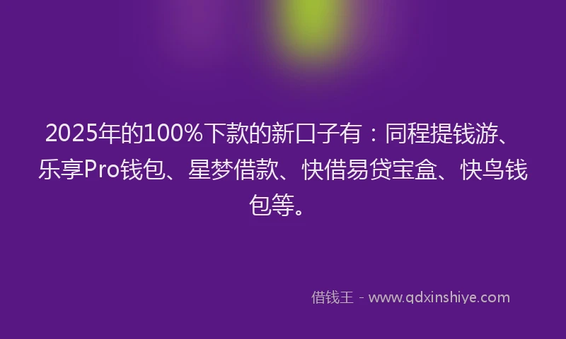 2025年的100%下款的新口子有：同程提钱游、乐享Pro钱包、星梦借款、快借易贷宝盒、快鸟钱包等。
