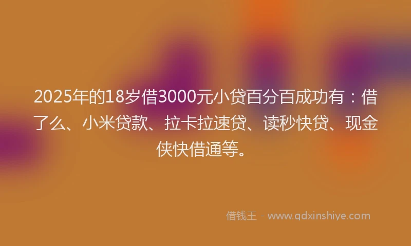 2025年的18岁借3000元小贷百分百成功有：借了么、小米贷款、拉卡拉速贷、读秒快贷、现金侠快借通等。