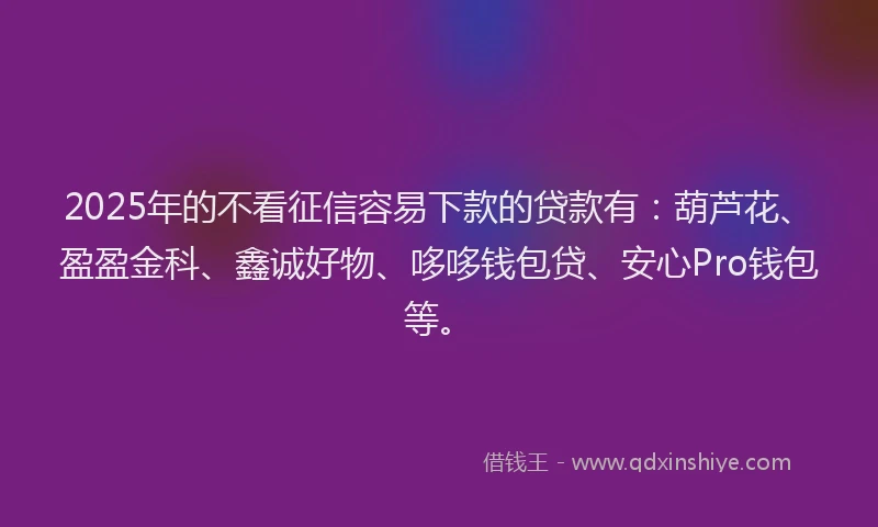 2025年的不看征信容易下款的贷款有：葫芦花、盈盈金科、鑫诚好物、哆哆钱包贷、安心Pro钱包等。