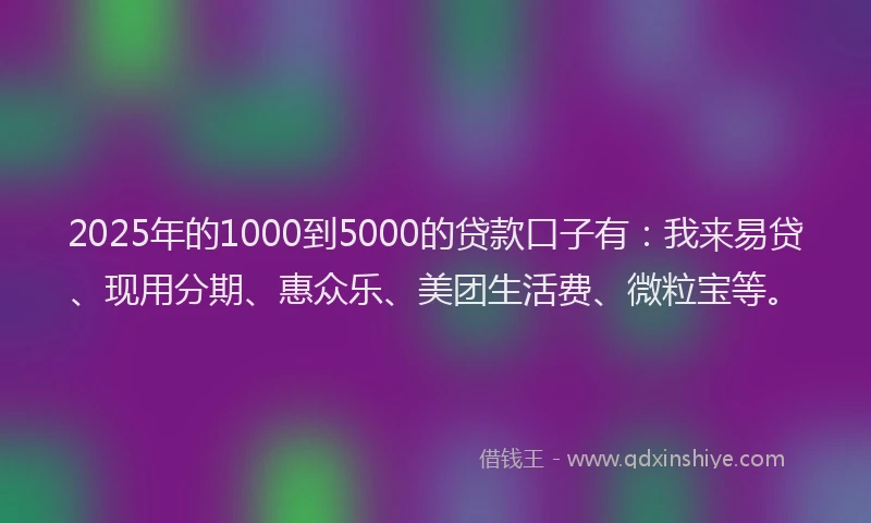 2025年的1000到5000的贷款口子有：我来易贷、现用分期、惠众乐、美团生活费、微粒宝等。