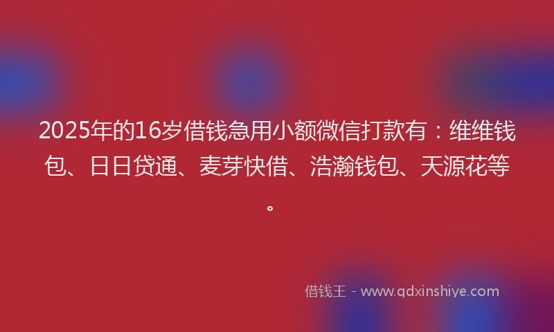 2025年的16岁借钱急用小额微信打款有：维维钱包、日日贷通、麦芽快借、浩瀚钱包、天源花等。