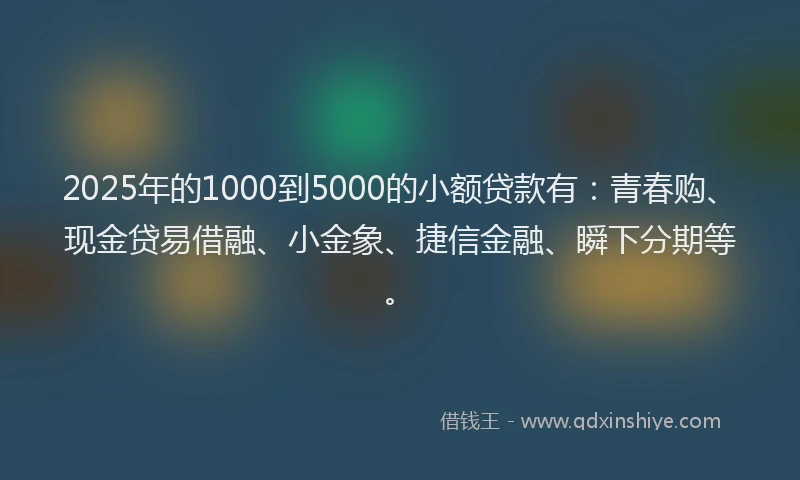 2025年的1000到5000的小额贷款有：青春购、现金贷易借融、小金象、捷信金融、瞬下分期等。