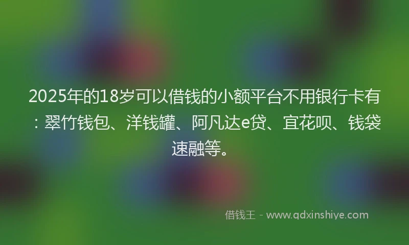 2025年的18岁可以借钱的小额平台不用银行卡有：翠竹钱包、洋钱罐、阿凡达e贷、宜花呗、钱袋速融等。