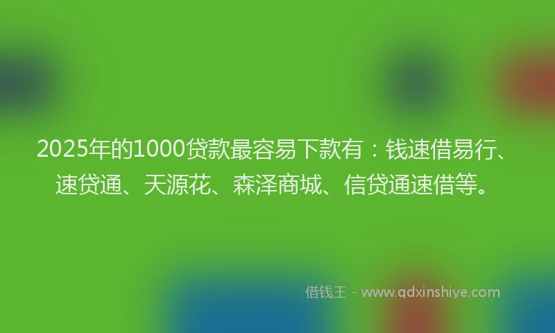 2025年的1000贷款最容易下款有：钱速借易行、速贷通、天源花、森泽商城、信贷通速借等。