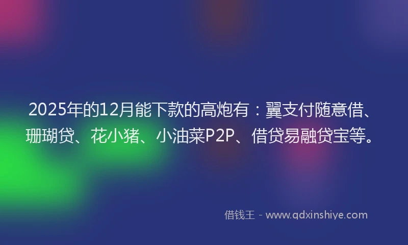 2025年的12月能下款的高炮有：翼支付随意借、珊瑚贷、花小猪、小油菜P2P、借贷易融贷宝等。