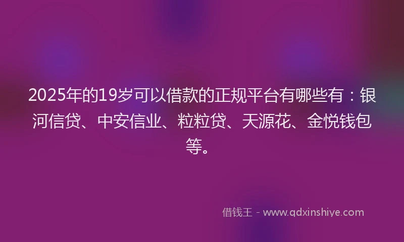 2025年的19岁可以借款的正规平台有哪些有：银河信贷、中安信业、粒粒贷、天源花、金悦钱包等。