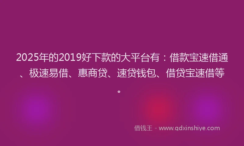 2025年的2019好下款的大平台有：借款宝速借通、极速易借、惠商贷、速贷钱包、借贷宝速借等。