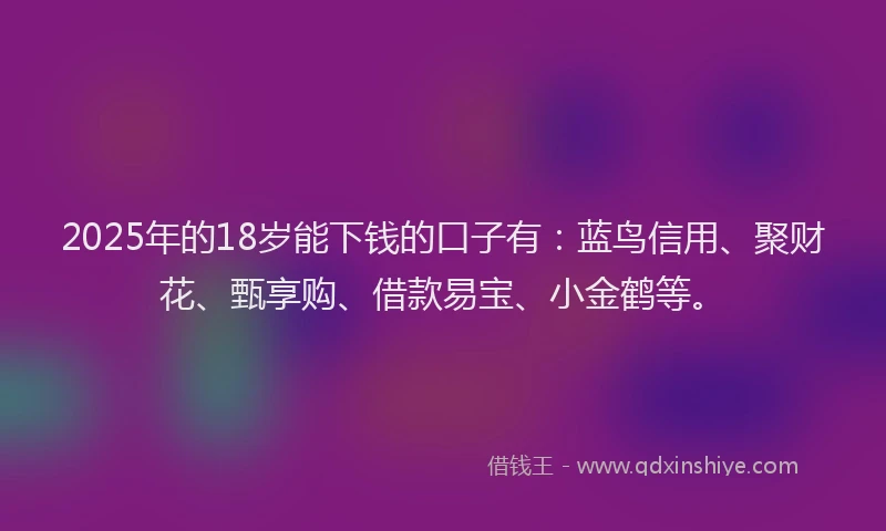 2025年的18岁能下钱的口子有：蓝鸟信用、聚财花、甄享购、借款易宝、小金鹤等。