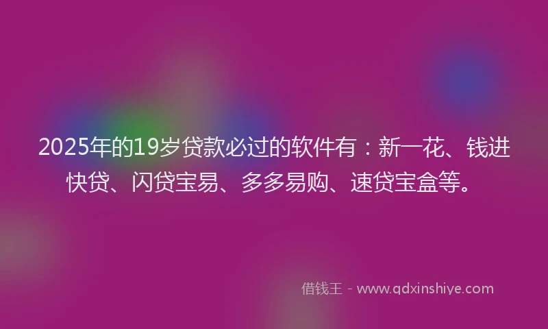 2025年的19岁贷款必过的软件有：新一花、钱进快贷、闪贷宝易、多多易购、速贷宝盒等。