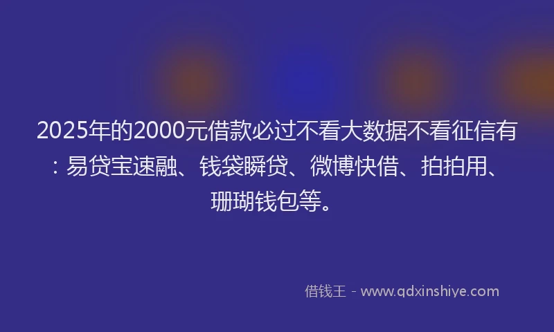 2025年的2000元借款必过不看大数据不看征信有：易贷宝速融、钱袋瞬贷、微博快借、拍拍用、珊瑚钱包等。