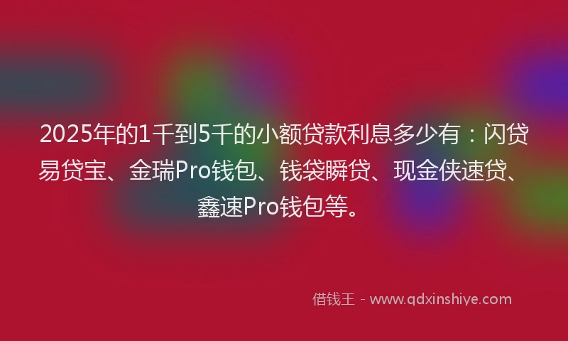 2025年的1千到5千的小额贷款利息多少有：闪贷易贷宝、金瑞Pro钱包、钱袋瞬贷、现金侠速贷、鑫速Pro钱包等。