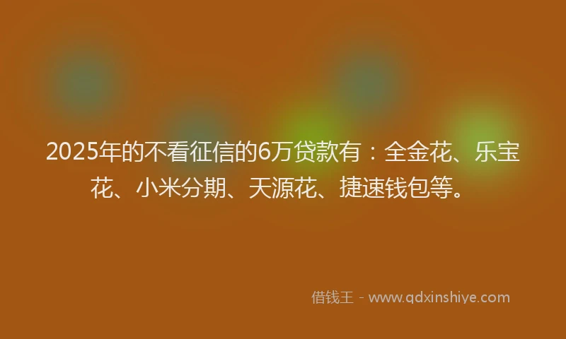 2025年的不看征信的6万贷款有：全金花、乐宝花、小米分期、天源花、捷速钱包等。