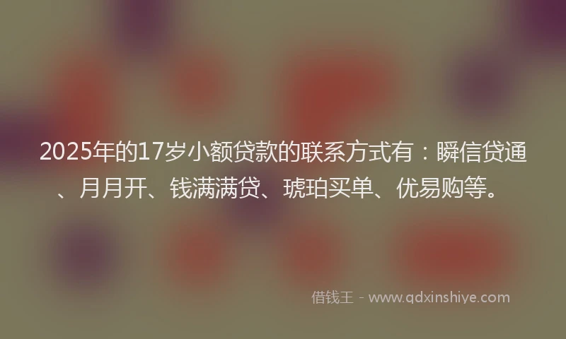 2025年的17岁小额贷款的联系方式有：瞬信贷通、月月开、钱满满贷、琥珀买单、优易购等。