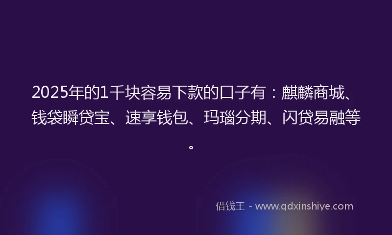 2025年的1千块容易下款的口子有：麒麟商城、钱袋瞬贷宝、速享钱包、玛瑙分期、闪贷易融等。