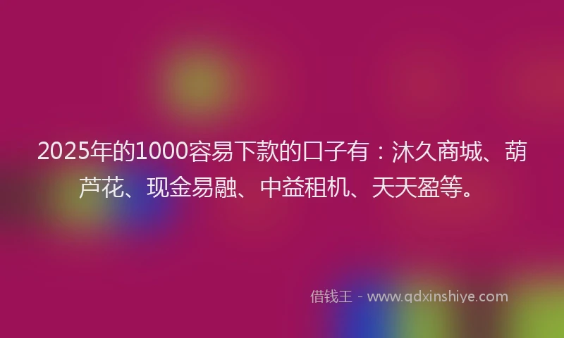 2025年的1000容易下款的口子有：沐久商城、葫芦花、现金易融、中益租机、天天盈等。