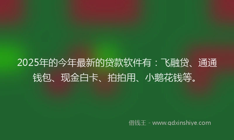 2025年的今年最新的贷款软件有：飞融贷、通通钱包、现金白卡、拍拍用、小鹅花钱等。