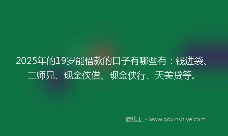 2025年的19岁能借款的口子有哪些有：钱进袋、二师兄、现金侠借、现金侠行、天美贷等。