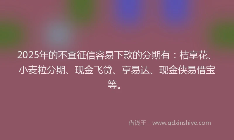 2025年的不查征信容易下款的分期有：桔享花、小麦粒分期、现金飞贷、享易达、现金侠易借宝等。