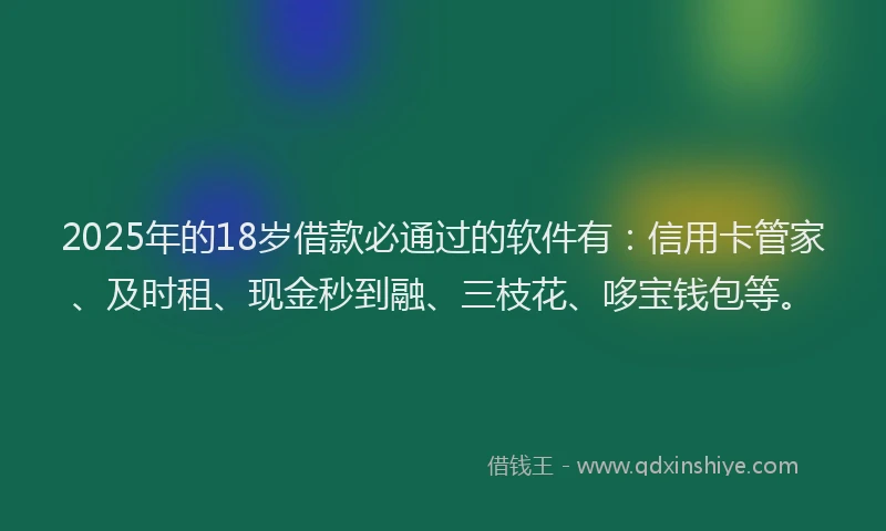 2025年的18岁借款必通过的软件有：信用卡管家、及时租、现金秒到融、三枝花、哆宝钱包等。
