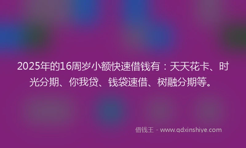 2025年的16周岁小额快速借钱有：天天花卡、时光分期、你我贷、钱袋速借、树融分期等。