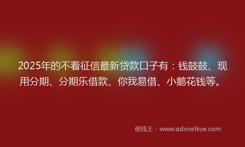 2025年的不看征信最新贷款口子有：钱鼓鼓、现用分期、分期乐借款、你我易借、小鹅花钱等。