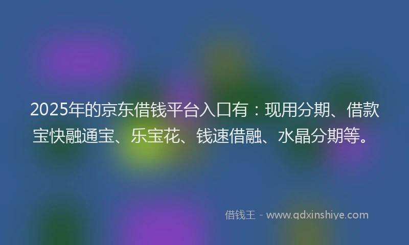 2025年的京东借钱平台入口有：现用分期、借款宝快融通宝、乐宝花、钱速借融、水晶分期等。