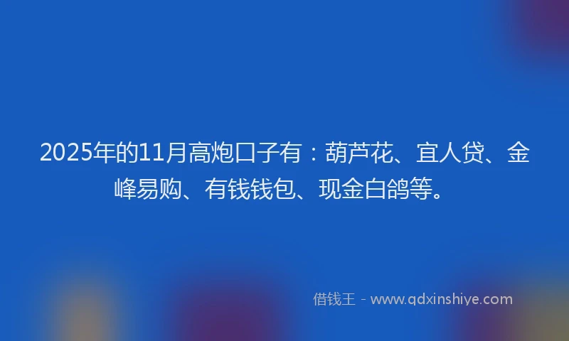 2025年的11月高炮口子有：葫芦花、宜人贷、金峰易购、有钱钱包、现金白鸽等。