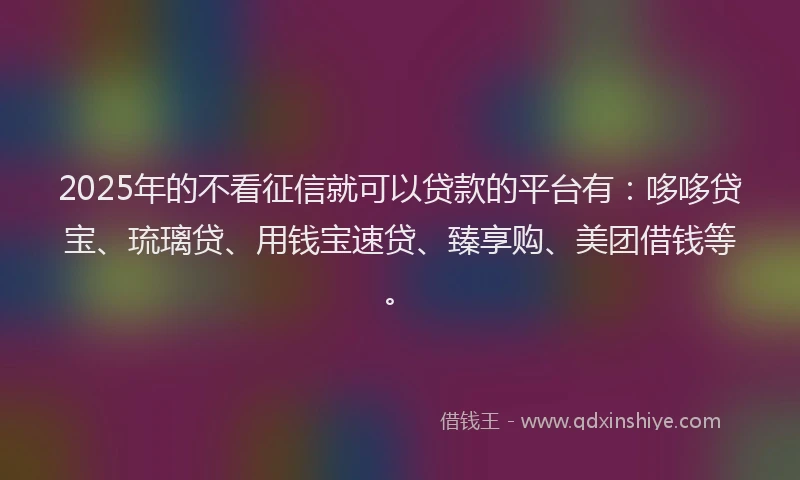 2025年的不看征信就可以贷款的平台有：哆哆贷宝、琉璃贷、用钱宝速贷、臻享购、美团借钱等。