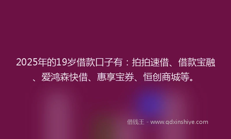 2025年的19岁借款口子有：拍拍速借、借款宝融、爱鸿森快借、惠享宝券、恒创商城等。