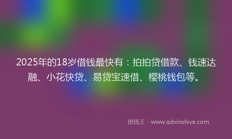 2025年的18岁借钱最快有：拍拍贷借款、钱速达融、小花快贷、易贷宝速借、樱桃钱包等。