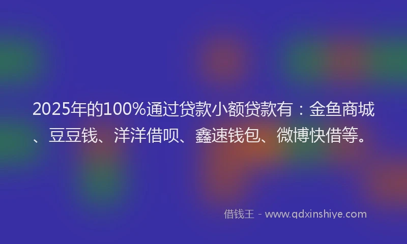 2025年的100%通过贷款小额贷款有：金鱼商城、豆豆钱、洋洋借呗、鑫速钱包、微博快借等。